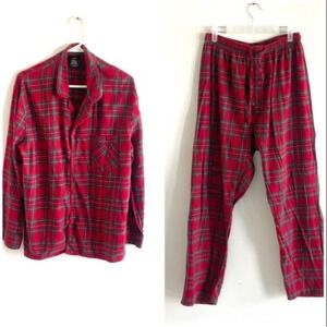 Hanes Mens Red Plaid Flannel Pajama Set Button Down Top Pants Size Medium Cotton